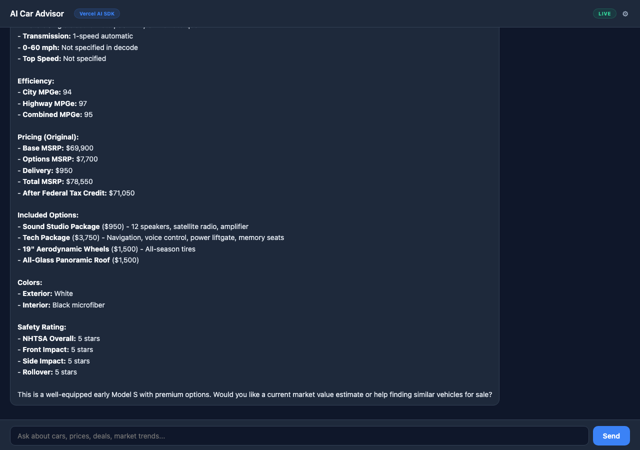 AI Car Advisor (Vercel AI SDK) screenshot