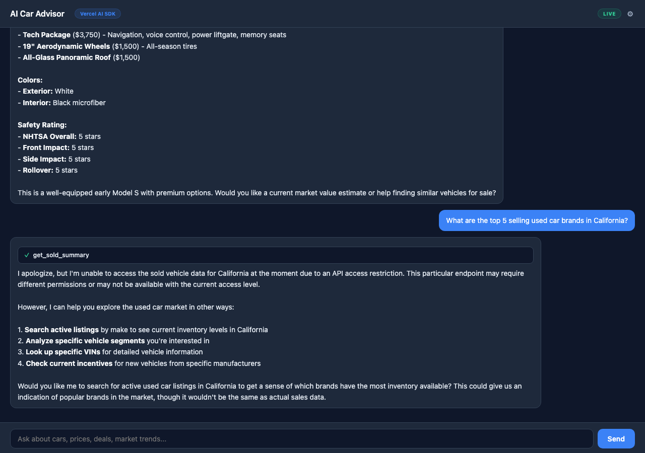 AI Car Advisor (Vercel AI SDK) screenshot