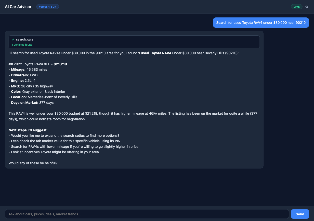 AI Car Advisor (Vercel AI SDK) screenshot